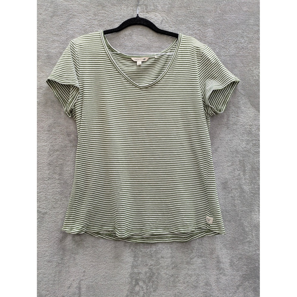 Toad Co VNeck TShirt Womens Large Sustainable Organic Cotton Blend Green Striped